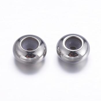 304 Surgical Stainless Steel Beads, with Rubber Inside, Slider Beads, Stopper Beads, Rondelle, Stainless Steel Color, 7x3.5mm, Rubber Hole: 1mm