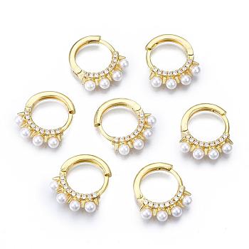 Brass Micro Pave Cubic Zirconia Huggie Hoop Earrings, with ABS Plastic Imitation Pearl, Ring, Nickel Free, Real 16K Gold Plated, 14.5x17.5x3mm, Pin: 1mm