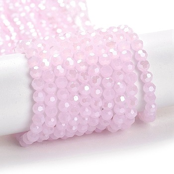 Electroplate Glass Beads Strands, Faceted(32 Facets), Pearl Luster Plated, Round, Pearl Pink, 4mm, Hole: 0.7mm, about 87~93pcs/strand, 32~33cm