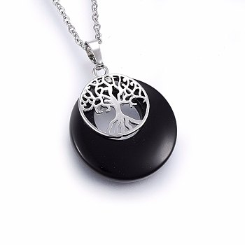 Natural Black Agate Pendant Necklaces, with 304 Stainless Steel Findings, Flat Round with Tree, 19.68 inch(50cm), Pendant: 40x28x6mm