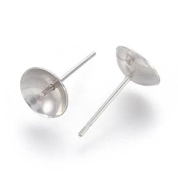Stainless Steel Stud Earring Findings, 304 stainless pin with 201 stainless tray, For Half Drilled Beads, Flat Round, Stainless Steel Color, 14~14.5x8mm, Pin: 0.7mm
