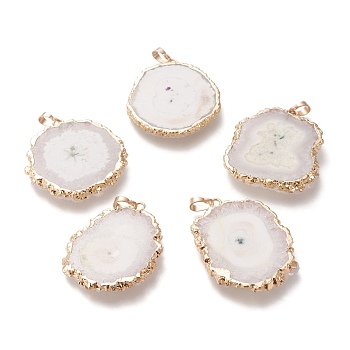 Dyed Natural Druzy Solar Quartz Crystal Pendants, Edge Plated, with Brass Bails, Sunflower, Golden, White, 40~50x30~45x5~6mm, Hole: 4x6mm