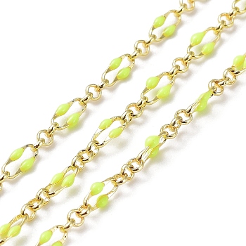 Enamel Oval Link Chains, with Real 18K Gold Plated Brass Findings, Soldered, with Spool, Yellow Green, 4x7x1mm
