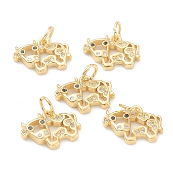 Brass Clear Cubic Zirconia Charms, Long-Lasting Plated, with Jump Ring, Cow, Golden, 10x13.5x2.5mm, Hole: 3.5mm