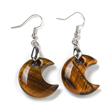 Rack Plating Moon Brass Dangle Earrings for Women, with Natural Tiger Eye, Cadmium Free & Lead Free, 50x21mm