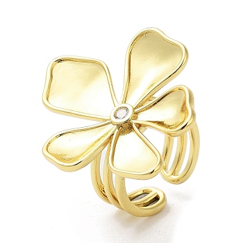 Brass with Cubic Zirconia Open Cuff Rings for Women, Flower, Real 18K Gold Plated, 8mm, Inner Diameter: 18mm