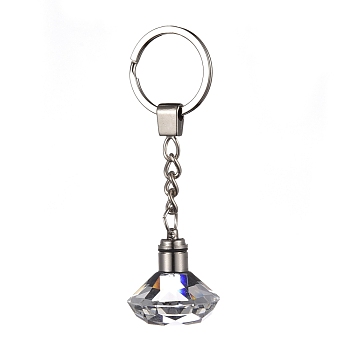 Diamond Shape Faceted Glass Keychain, with Platinum Plated Iron Split Key Rings, Clear, 96mm, Pendants: 30.5x30mm