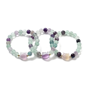 Round & Cat Head Natural Fluorite Beaded Stretch Bracelets for Women, with Synthetic Non-magnetic Hematite, Inner Diameter: 2-1/8 inch(5.5cm)