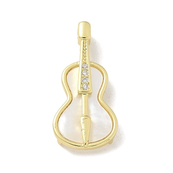 Brass Micro Pave Cubic Zirconia Pendants, Shell Charms, Real 18K Gold Plated, Guitar, 25x12x3.5mm, Hole: 1.9mm