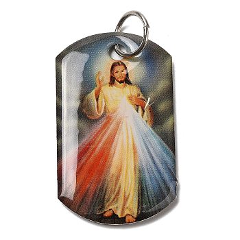 Rectangle Epoxy Resin Pendants, Religion Charms with Platinum Plated Aluminum Jump Rings, Jesus, 40x23.5x3mm, Hole: 7mm