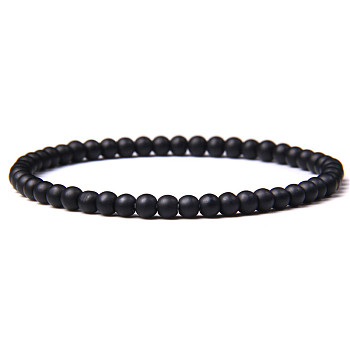 4mm Round Natural Black Agate Beads Bracelet for Men, European and American Retro Simple Versatile Stretch Bracelets, 7-1/2 inch(19cm)