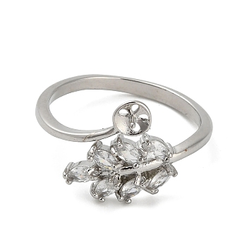 Brass Finger Cup Peg Ring Settings, with Cubic Zirconia, Cadmium Free & Lead Free, For Half Drilled Beads, Adjustable, Clear, Platinum, 17.5mm