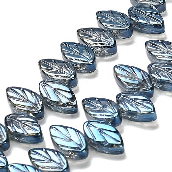 Electroplate Glass Beads Strands, Leaf, Steel Blue, 11x7x4mm, Hole: 0.8mm, about 100pcs/strand, 23.15~23.50''(58.8~59.7cm)