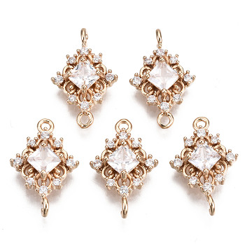 Brass Micro Pave Cubic Zirconia Links Connectors, Long-Lasting Plated, Rhombus, Light Gold, Clear, 17x11x4mm, Hole: 1.2mm