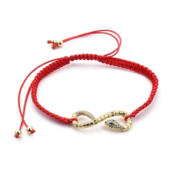 Adjustable Nylon Thread Braided Bead Bracelets, Red String Bracelets, with Brass Micro Pave Cubic Zirconia Links and Brass Beads, Snake, Real 18K Gold Plated, Red, Inner Diameter: 2-1/4~4-1/4 inch(5.7~10.8cm)