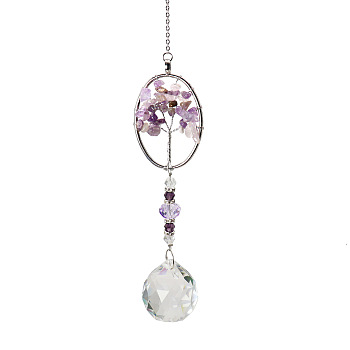 K9 Crystal Glass Big Pendant Decorations, Hanging Sun Catchers, with Amethyst Chip Beads, Oval with Tree of Life, Indigo, 380mm