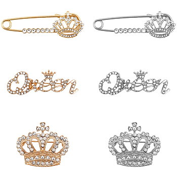6Pcs 6 Style Crystal Rhinestone Crown Safty Pin Brooch, Alloy Lapel Pin for Backpack Clothes, Platinum & Golden, 16~30.5x35~63x8.5~9.5mm, Pin: 0.7~1.5mm, 1pc/style
