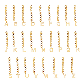 Unicraftale 304 Stainless Steel Chain Extender, with Cable Chain and Alphabet Charms, Letter A~Z, Golden, 67.5mm, Link: 8x6x1.3mm, Hole: 5.3x3.3mm, 26pcs/set, 1set/Box