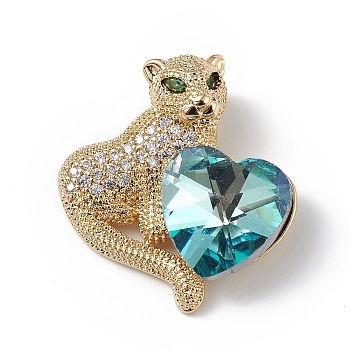 Real 18K Gold Plated Rack Plating Brass Micro Pave Clear Cubic Zirconia Pendants, with Glass, Long-Lasting Plated, Cadmium Free & Lead Free, Leopard with Heart Charm, Cyan, 24x22x8mm, Hole: 5x3mm