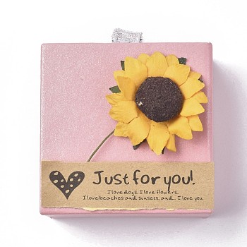 Cardboard Jewelry Ring Box, with Paper Flower and Stickers, Square, Pink, 6.05x6.1x3.65cm