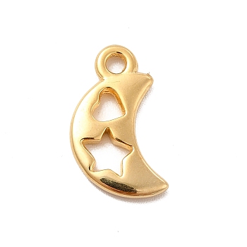 Ion Plating(IP) 304 Stainless Steel Pendants, Hollow, Moon with Heart & Star, Real 18K Gold Plated, 17.5x10x2mm, Hole: 1.8mm