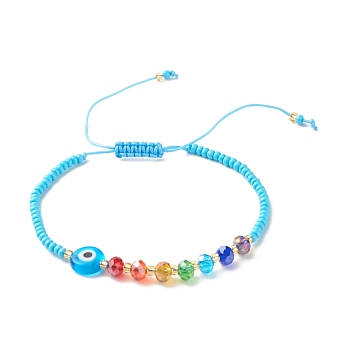 Flat Round Evil Eye Lampwork Braided Bead Bracelet, Glass Seed Beads Adjustable Bracelet for Women, Deep Sky Blue, Inner Diameter: 2-3/8~4-1/8 inch(5.9~10.4cm)
