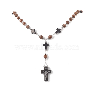 Natural Wood Rosary Bead Necklace(NJEW-JN04249)-5