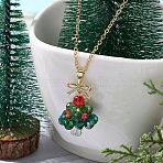 Christmas Tree Glass Beaded Pendant Necklaces, Brass Cable Chain Necklaces for Women, Golden, Colorful, 16.14 inch(41cm)(NJEW-TA00174)
