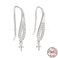 Rhodium Plated 925 Sterling Silver Earring Hooks, with Clear Cubic Zirconia, Teardrop, for Half Drilled Beads, Platinum, 25mm, 21 Gauge, Pin: 0.7mm and 0.6mm, Tray: 6x3mm(STER-D035-39P)
