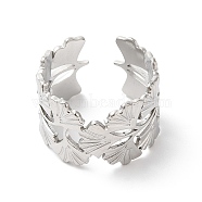 304 Stainless Steel Gingko Leaf Open Cuff Ring for Women, Stainless Steel Color, Inner Diameter: 18mm(RJEW-K245-42P)