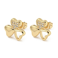 Brass Micro Pave Cubic Zirconia Ear Studs, Real 18K Gold Plated, Clover, 11.5x13mm(EJEW-P261-28D-G)