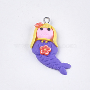Handmade Polymer Clay Pendants, with Iron Findings, Mermaid, Platinum, Mauve, 33~36x21~23x5~6mm, Hole: 1.5mm(CLAY-S093-01D)