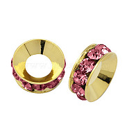 Brass Rhinestone Spacer Beads, Grade A, Rondelle, Golden Metal Color, Rose, 9x4mm, Hole: 4mm(RB-A020-9mm-23G)