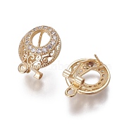 Brass Micro Pave Cubic Zirconia Stud Earring Findings, French Clip Earrings, with Loop, Flat Round, Golden, 18.5x15x11.5mm, Hole: 2mm, Pin: 0.7mm(KK-O121-21G)