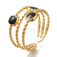 304 Stainless Steel Cuff Rings, Black Square Shape, Golden, Adjustable, 12mm(RJEW-Z074-02G)