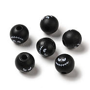 Printed Round Wood European Beads, Halloween Theme Large Hole Beads, Monster Face, Black, 16mm, Hole: 4mm(WOOD-M006-03)