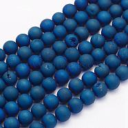 Electroplate Natural Druzy Agate Beads Strands, Dyed, Round, Frosted, Blue Plated, 6mm, Hole: 1mm, about 62pcs/strand, 15.7 inch(40cm)(G-G708-6mm-03)
