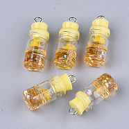 Glass Bottle Pendant Decorations, with Resin Rhinestone & Stopper, Dried Flower and Iron Findings, Platinum, Yellow, 26~27x9.5~10mm, Hole: 1.8mm(X-GLAA-S181-05F)