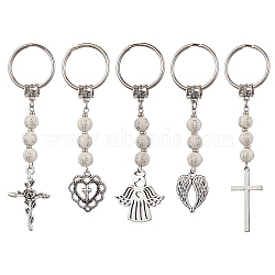 Tibetan Style Alloy Pendants Keychain, with Plating Acrylic Beads and Iron Split Key Rings, Antique Silver & Platinum, 8.5~9.5cm(KEYC-JKC00892)