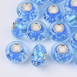 Handmade Lampwork European Beads, Large Hole Beads, with Brass Silver Color Plated Single Cores, Luminous, Rondelle, Dodger Blue, 14x7.5mm, Hole: 4mm(LAMP-S193-006)