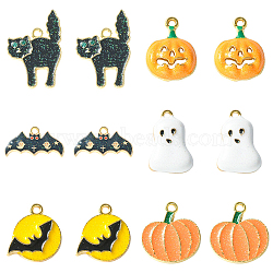 30Pcs 6 Styles Halloween Rack Plating Alloy Enamel Pendants, Cadmium Free & Nickel Free & Lead Free, with Emerald Rhinestone and Glitter Powder, Cat & Ghost & Pumpkin, Mixed Color, 13~27x14~25x1.5~2.5mm, Hole: 1.8mm, 5pcs/style(PALLOY-CJ0002-32)