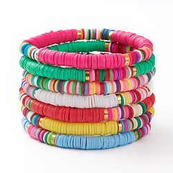 7Pcs Rainbow Polymer Clay Heishi Beads Stretch Bracelets Set, Stackable Bracelets, with Golden Plated Brass Beads, Mixed Color, Inner Diameter: 2-1/8 inch(5.5cm)(X-BJEW-JB05882)