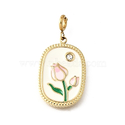 Oval with Flower 304 Stainless Steel Enamel & Rhinestone Pendant Decorations, with Spring Ring Clasps, Ion Plating(IP), Real 18K Gold Plated, 30mm, Hole: 2.5mm(STAS-H202-40G)