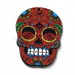 Halloween Acrylic Pendants, Skull, FireBrick, 38.5x30x2.5mm, Hole: 1.6mm(SACR-G020-01)