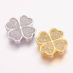 Brass Micro Pave Cubic Zirconia Beads, Clover, Clear, Mixed Color, 15x15x3.5mm, Hole: 2x1.5mm(ZIRC-E119-81)