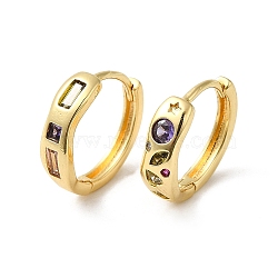 Colorful Cubic Zirconia Rectangle & Star & Flat Round Hoop Earrings, Rack Plating Brass Asymmetrical Earrings, Cadmium Free & Lead Free, Long-Lasting Plated, Golden, 16x15x4.5mm(KK-E084-60G)