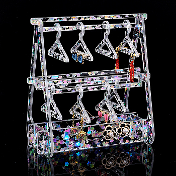 Elite 1 Set Transparent Acrylic Earring Display Stands, with Colorful Flower Sequins, Clothes Hanger-shaped, Clear, Finished Product: 13.5x8.2x15cm, about 15pcs/set