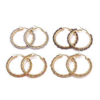 Glass Braided Big Hoop Earrings, Golden 304 Stainless Steel Wire Wrap Earrings for Women, Mixed Color, 39x2.5mm, Pin: 0.6mm