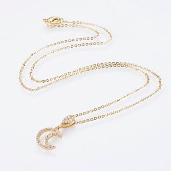 Brass Micro Pave Cubic Zirconia Pendant Necklaces, with Brass Cable Chains, Real 18K Gold Plated, Moon, 17.7 inch(45cm)