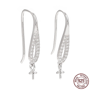 Rhodium Plated 925 Sterling Silver Earring Hooks, with Clear Cubic Zirconia, Teardrop, for Half Drilled Beads, Platinum, 25mm, 21 Gauge, Pin: 0.7mm and 0.6mm, Tray: 6x3mm